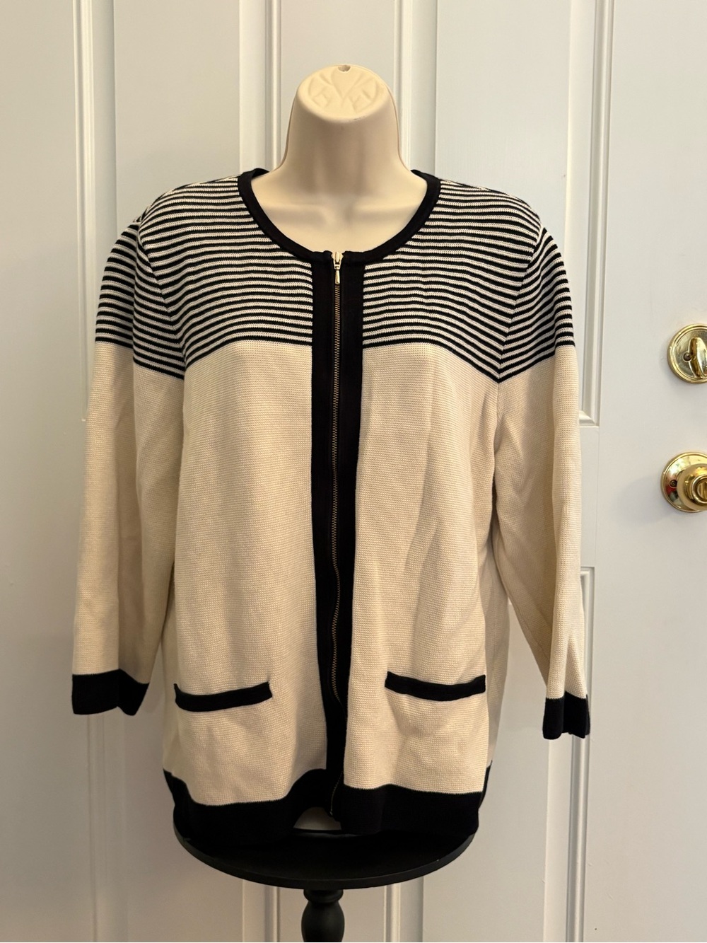 Talbots Cream and Black Zip-Front Striped Sweater Cardigan